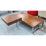 LOW TABLE, contemporary style, wood and chrome supports, 140cm L x 70cm D x 30cm H,