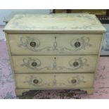 CHEST, Victorian, painted pine with scrolled Floretine detail and three long drawers,