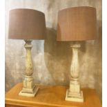 COLUMN LAMPS, a pair, turned and carved grey painted pine with linen shades, 102cm H.
