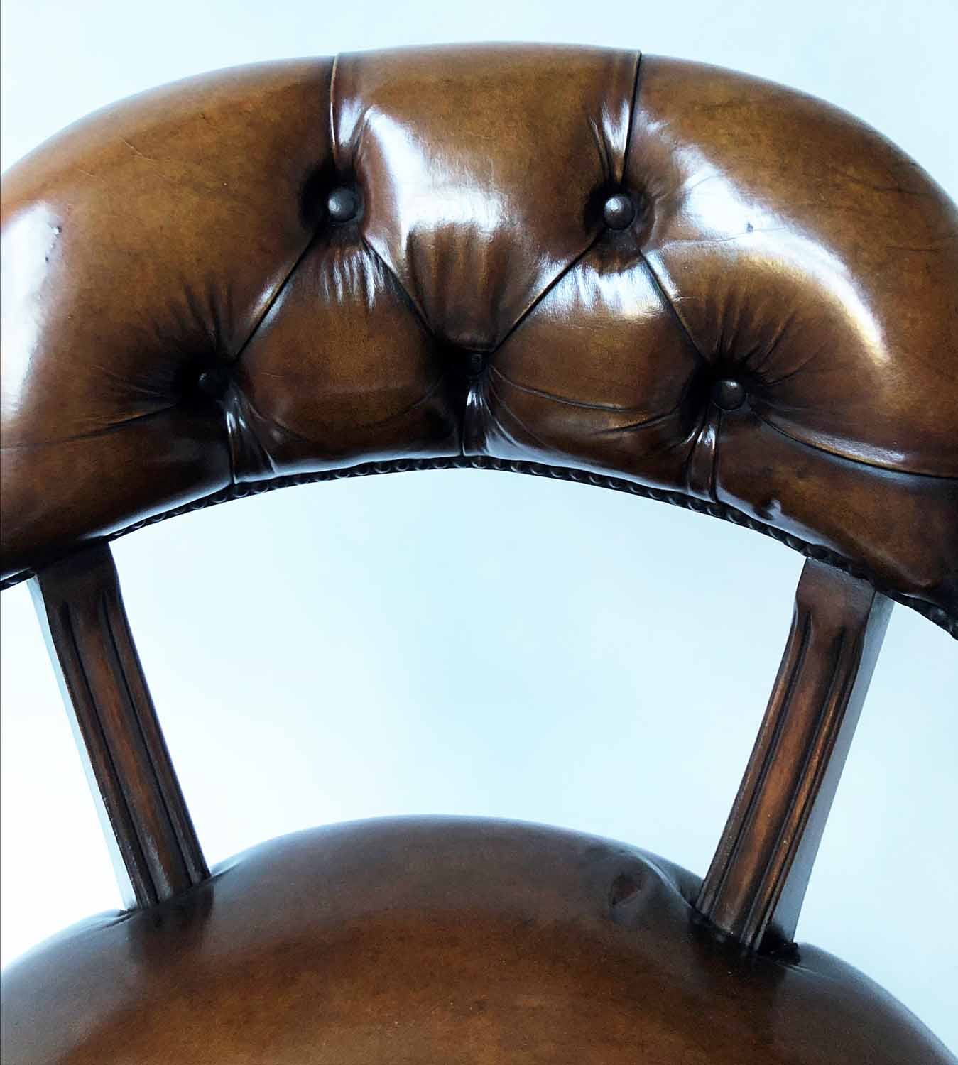 REVOLVING DESK CHAIR, 1970s Norwegian, studded mid brown leather upholstered and buttoned back, - Image 2 of 3