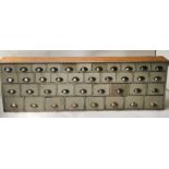 BANK OF DRAWERS, early 20th century vintage English grey painted with thirty eight short drawers,
