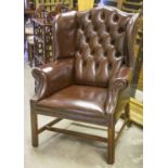 WING ARMCHAIR, Georgian style brown leather upholstered, 85cm W.