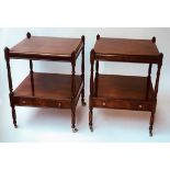 LAMP TABLES, a pair, George III design, burr yewwood, each with galleried top and undertier drawer.