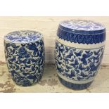 CHINESE GARDEN STOOLS, two, blue and white porcelain, one 36cm H x 28cm diam, the other 45.