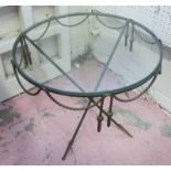 LOW TABLE, circular glass top on a metal base, with gilt swagged detail, 51cm W x 45cm H.