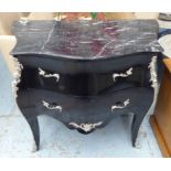 COMMODE, French provincial inspired, ebonised with polished metal mounts and marble top,