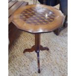 WINE TABLE, marquetry top on fluted support with triform base, 70cm x 53cm Diam.