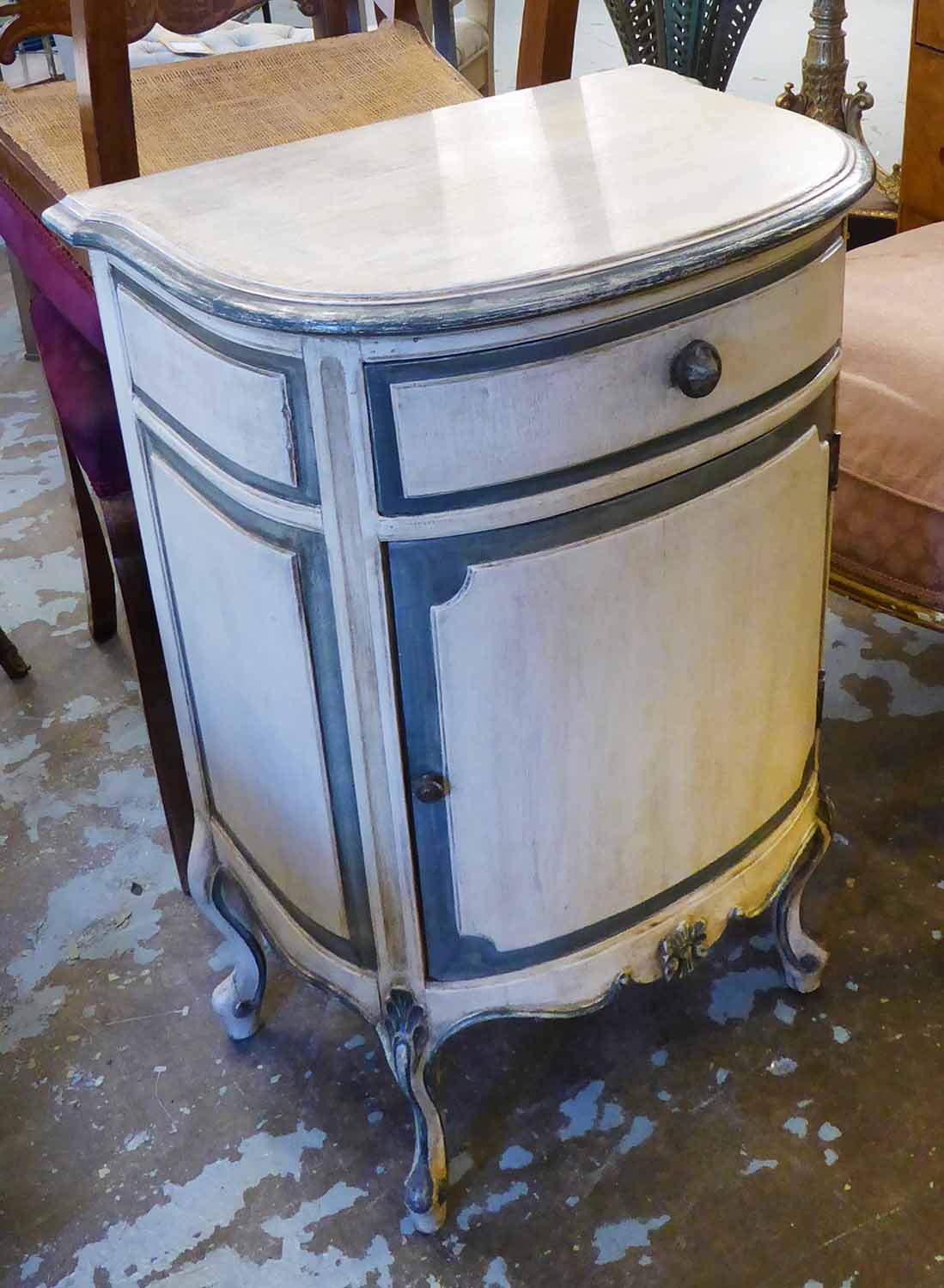 BEDSIDE CHEST, French style, in a distressed painted finish, with a drawer over a cupboard,