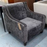 ARMCHAIR, contemporary, swept arms, grey velvet finish, 80cm H.