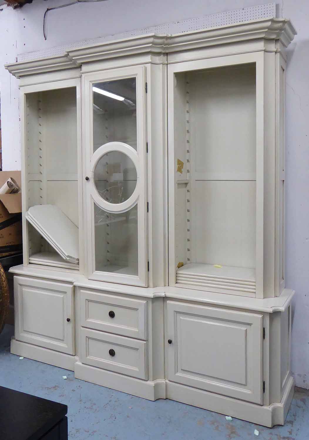 DISPLAY CABINET, cream, of substantial proportions,