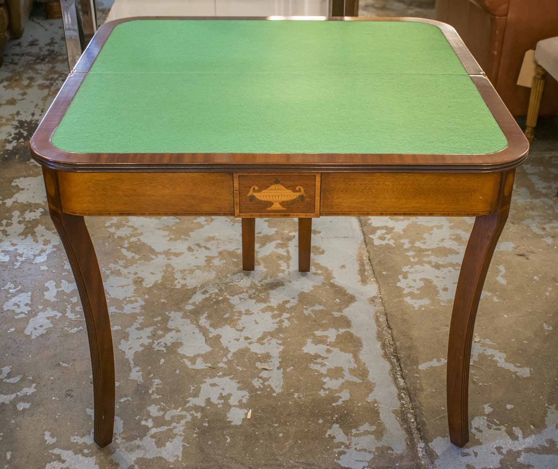 CARD TABLE, Regency style mahogany with green baise foldover top and urn centred frieze, - Image 2 of 2