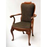 LIBRARY ARMCHAIR, Queen Anne design burr walnut with splat back and carved cabriole supports,