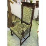 THRONE CHAIR, mahogany framed with green foliate patterned upholstery on short turned supports,