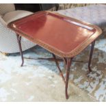 TRAY TABLE, red burgundy metal on faux bamboo supports, 58cm D x 47cm H x 78cm L.