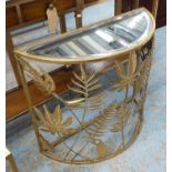 DEMI LUNE CONSOLE TABLE, leaf design base and mirrored top, 78cm x 31cm x 68cm (slight faults).