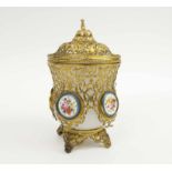 CACHE POT, continental glass and cut brass work with Sevres mounts, approx 17cm H.
