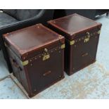 CAMPAIGN STYLE TRUNKS, a pair, leathered finish, 46cm x 46cm x 56cm.