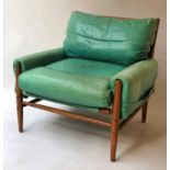 ARMCHAIR, 1970's Danish style hardwood framed and turquoise leather upholstered cushions,