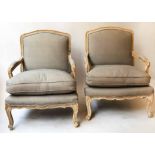 ARMCHAIRS, a pair, French style, limed oak and canvas grey upholstered, 74cm W.