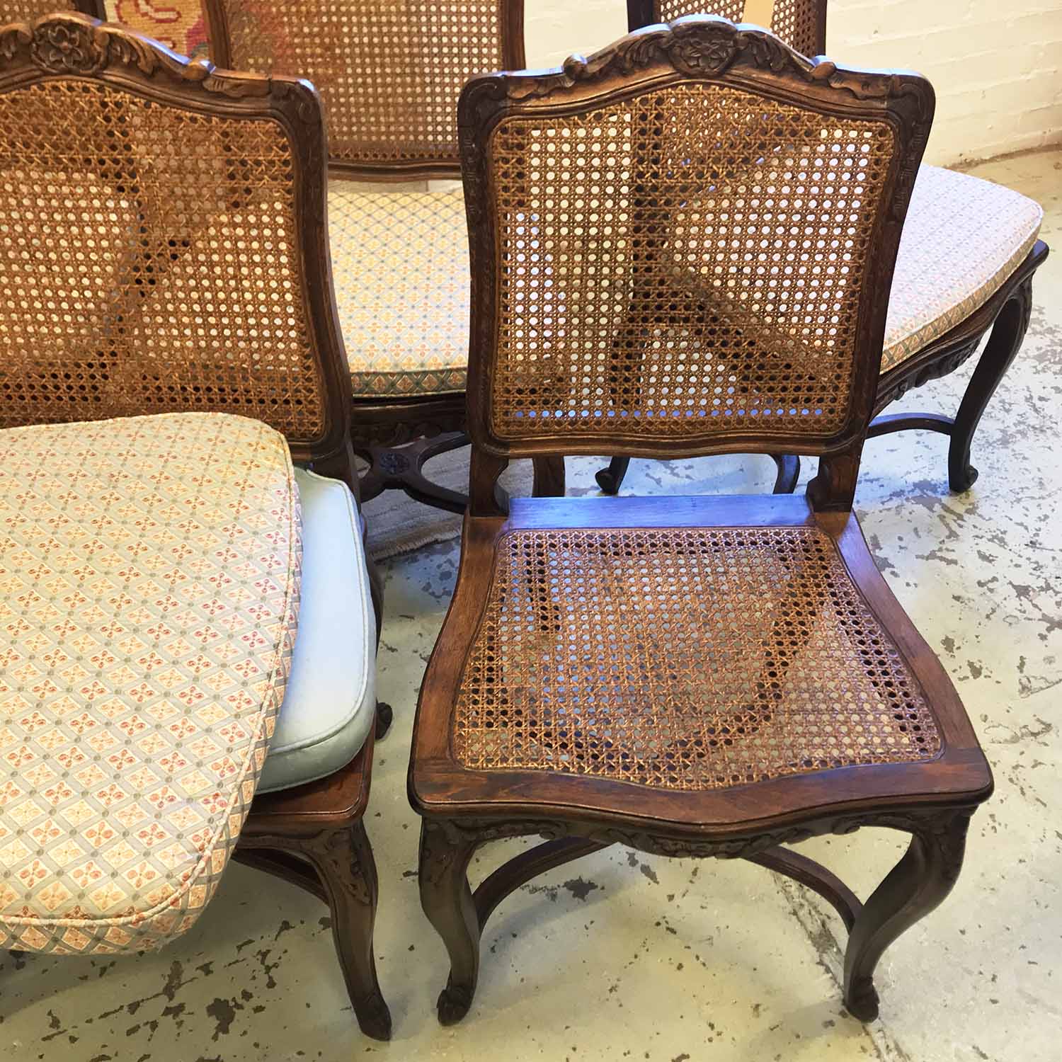 DINING CHAIRS, a set of six, Continental style with carved oak frames, caned seats and backs, - Image 2 of 2