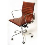 REVOLVING DESK CHAIR, Charles and Ray Eames style, with ribbed hand finished brown leather,