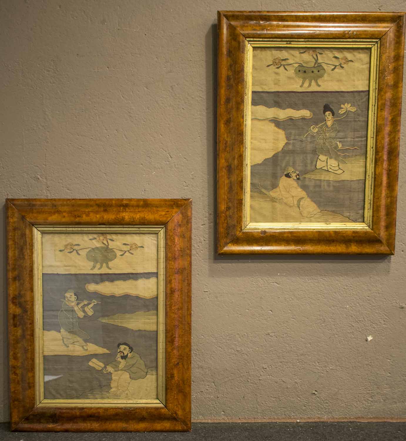 WOVEN PANELS, a companion pair, 19th century Chinese Kesi figurative silk in gilt slip frames,