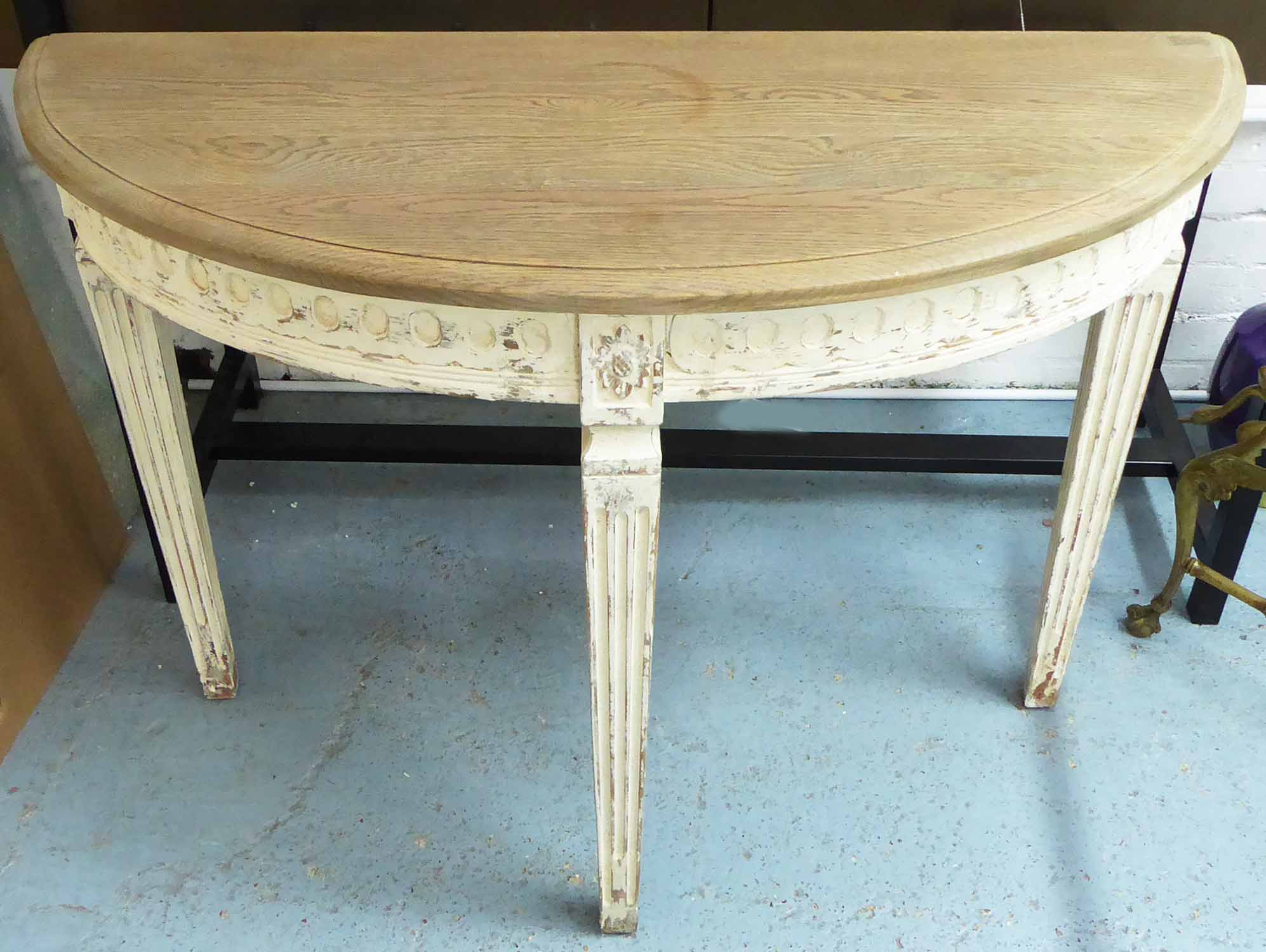 DEMI LUNE CONSOLE TABLE, of slight proportions, French Provincial style, 106cm x 42cm x 9cm.