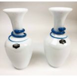 SAINT LOUIS VASES, with snake collars in white opaque glass, boxed.