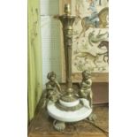 TABLE LAMP, brass and white marble with cherubs, 55cm H x 29cm W.