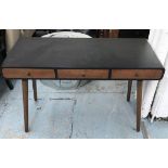 DESK, contemporary black finish, with three walnut frieze drawers on splayed supports,