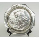 ART NOUVEAU DISH, polished pewter, octagonal, young female and flower design, 21.75cm unmarked.