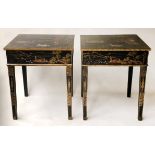 LAMP TABLES, a pair, 20th century black lacquered and gilt Chinoiserie decorated,
