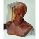 BUST OF A MAIDEN, assimilated terracotta, 53cm H x 43cm W.