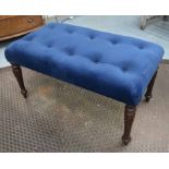 FOOTSTOOL, blue velvet upholstered, raised on turned walnut supports, 94cm L x 55cm W x 49cm H.
