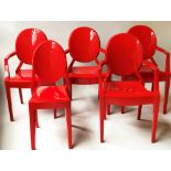 GHOST STYLE CHAIRS, a set of five, including four with arms, red acrylic, stacking (with faults).