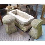 GARDEN ASSEMBLAGE, including three staddle stones and two troughs, 67cm W,