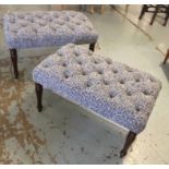 STOOLS, a pair, with deep buttoned blue upholstery raised on turned carved supports,
