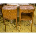 TABLES DE NUIT, an en suite pair, Louis XV style inlaid tulipwood, with marble tops,