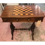 GAMES TABLE, Victorian walnut with inlaid top over three frieze drawers, raised on carved supports,