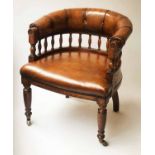 LIBRARY DESK CHAIR, Victorian oak, with brass studded, antique brown hand finished leather,