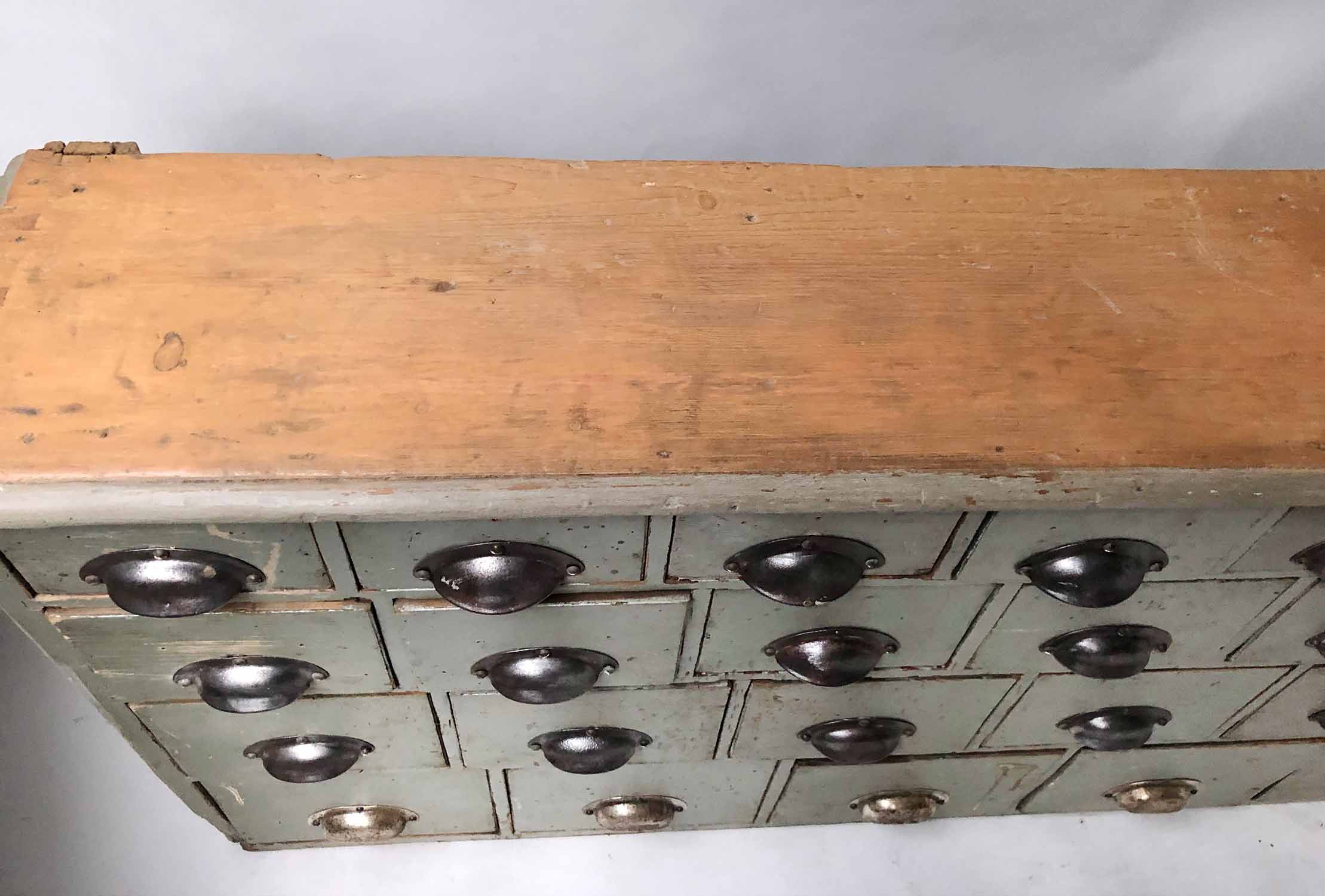 BANK OF DRAWERS, early 20th century vintage English grey painted with thirty eight short drawers, - Image 3 of 3