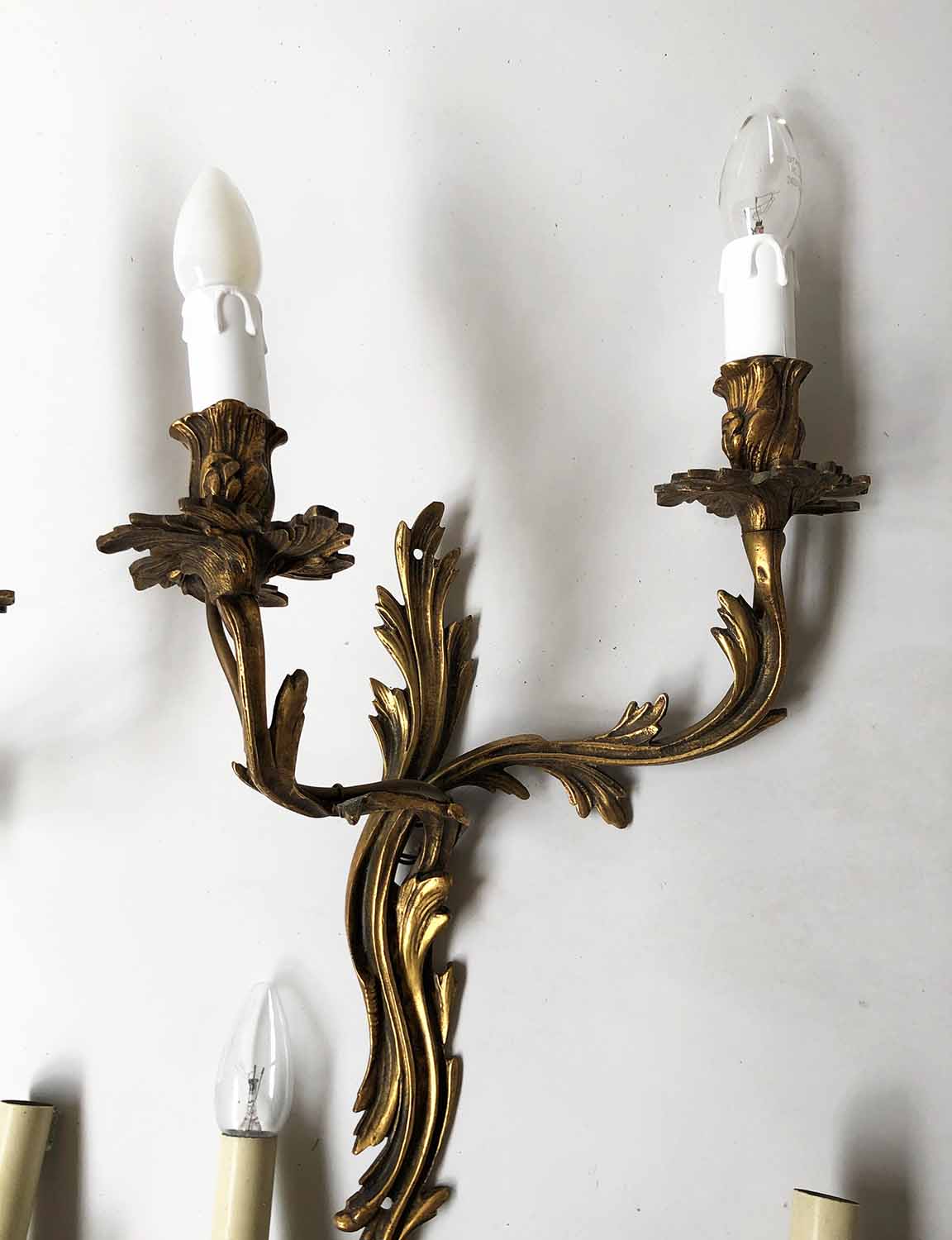 WALL LIGHTS, a set of three, Louis XV style, gilt metal, each foliate two branch, - Image 3 of 4