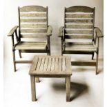 GARDEN ARMCHAIRS, a pair, folding, weathered teak of slatted construction,