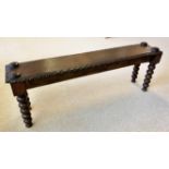 HALL BENCH, early 20th century oak, 121cm W x 25cm D x 42cm H.