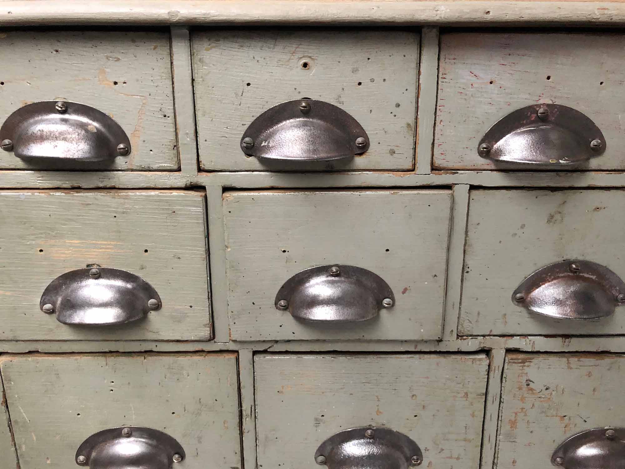 BANK OF DRAWERS, early 20th century vintage English grey painted with thirty eight short drawers, - Image 2 of 3