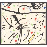 JOAN MIRO Abstract, silk, signed in the plate, 80cm x 85cm, framed and glazed.