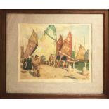 'TAYIK' FRANTISEK SIMON (1877-1942) 'Quayside with Figures', coloured etching 39cm x 25cm,