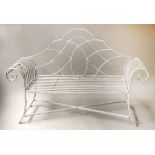 GARDEN BENCH, French, white painted metal with scroll arms, 150cm W x 103cm H x 44cm D.