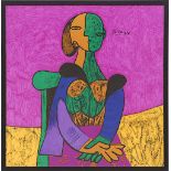 PABLO PICASSO Seated Woman, silk signed in the plate, 80cm x 80cm, framed and glazed.
