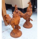 COCKEREL GARDEN ORNAMENTS, a pair, stylised studies, oxidised finish, 56cm H x 38cm W.